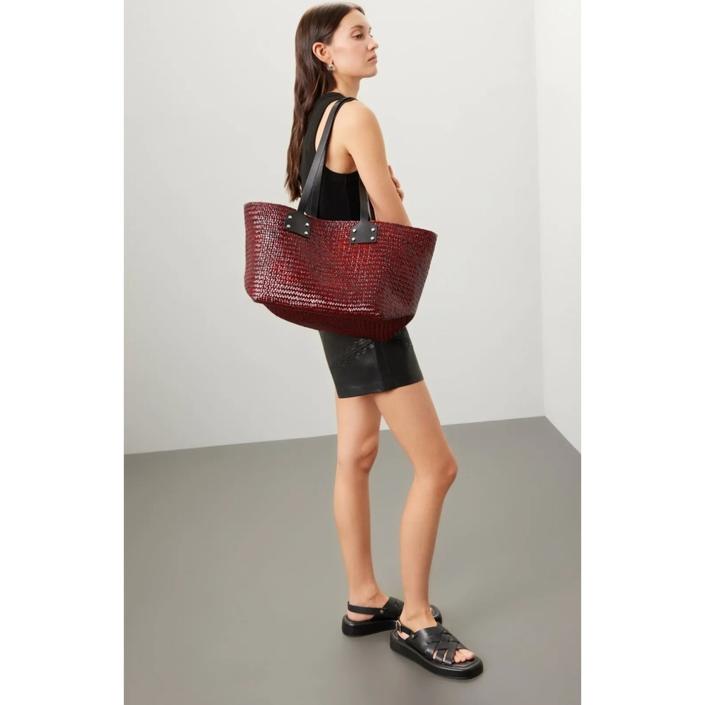 AllSaints Mosley Straw Tote Burgundy Woven Leather Trim Open Top Large Beach Bag